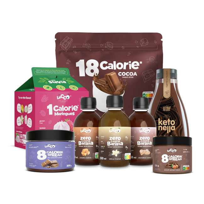 Herbsttrost-Set - Milchschokoladenaufstrich 300g, Schokoladenkakao 200g, Ketonella 435g, Kaffeesirup 3x250 ml, Himbeer-Baisers 28g, Schoko-Nuss-Aufstrich 125g