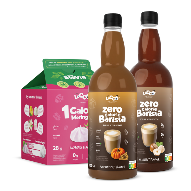 LoCCo Back to Fit-Setz -Barista Kürbisgewürz und Walnussgeschmack 1000ml + 1 kcal Himbeer-Baisers mit Stevia